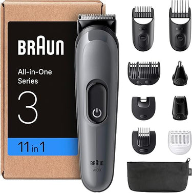 Braun Recortadora Todo En Uno Series 3 AIO3565, Kit De Styling 11en1 Para Barba y Pelo, 14 Longitudes, Máquina De Cortar Pelo Con Autonomía De 50 Min, Cortapelos Hombre, Recorte Fácil Y Rápido, Gris